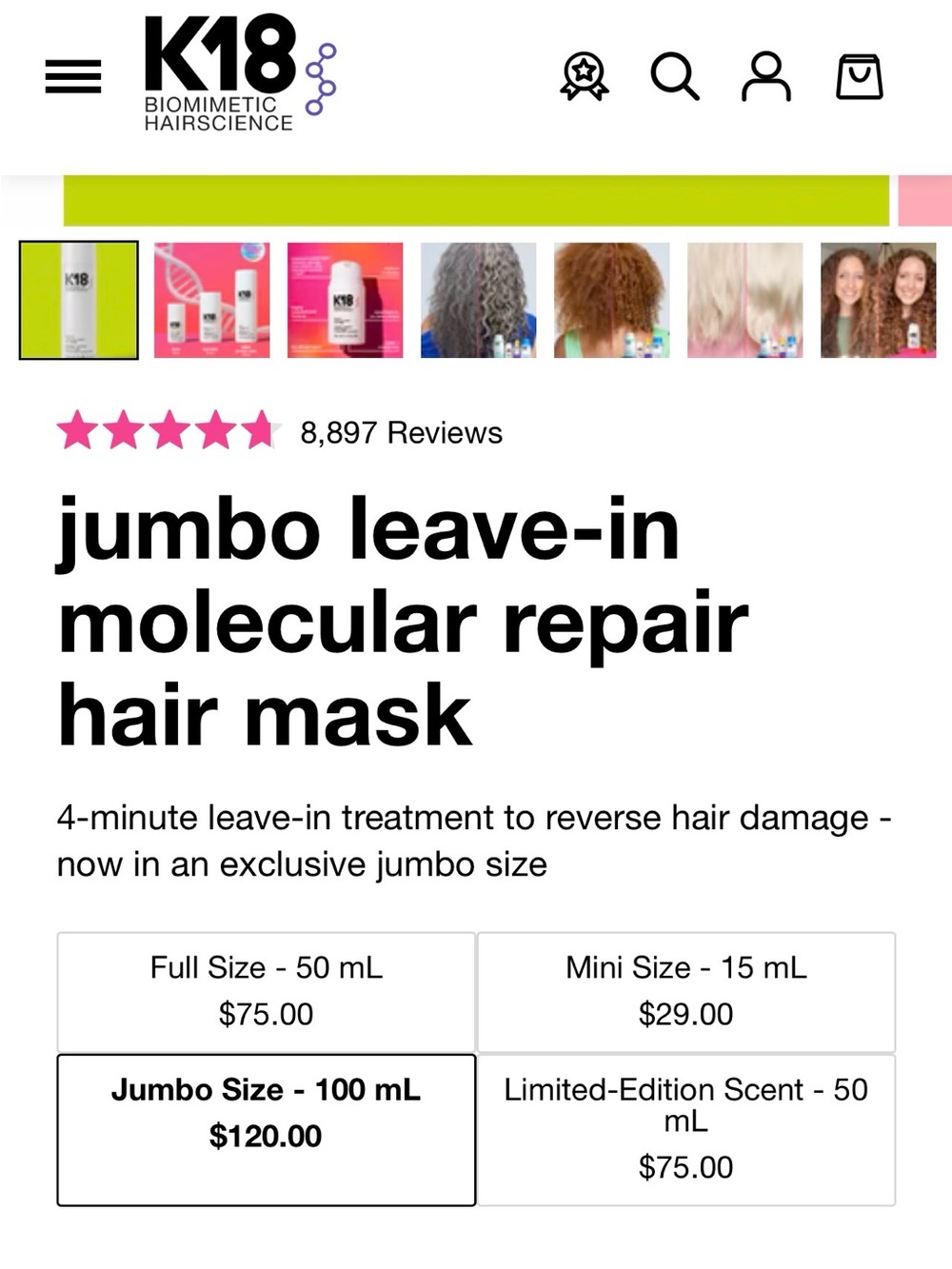 Jumbo K18 Leave-In Molecular Repair Hair Mask - White (100 ml) - Picture 3 of 7